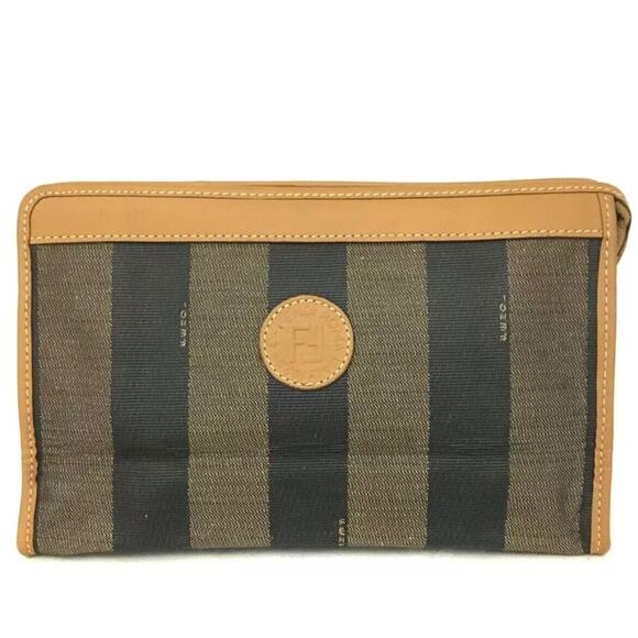 Authentic FENDI Pequin PVC Leather Pouch Clutch Bag Khaki - Picture 1 of 8